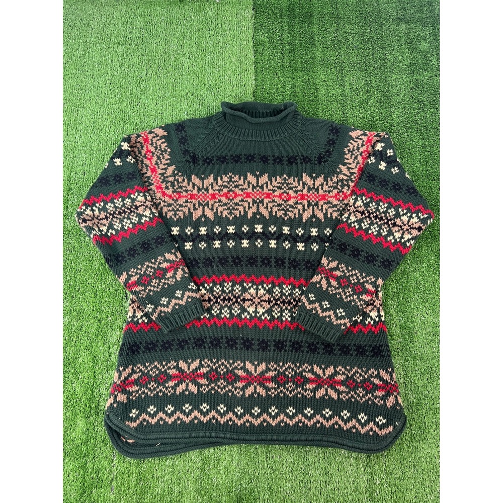 Eddie Bauer Womens Vintage Fair Isle Mock Neck Cotton Sweater Green Red M